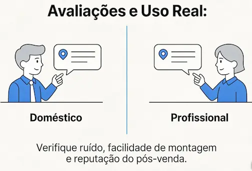 Infográfico sobre critérios de avaliação e reputação de lavadoras de alta pressão domésticas e profissionais.