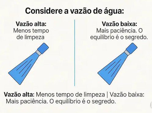 Infográfico explicando a diferença entre vazão alta e vazão baixa em lavadoras de alta pressão.