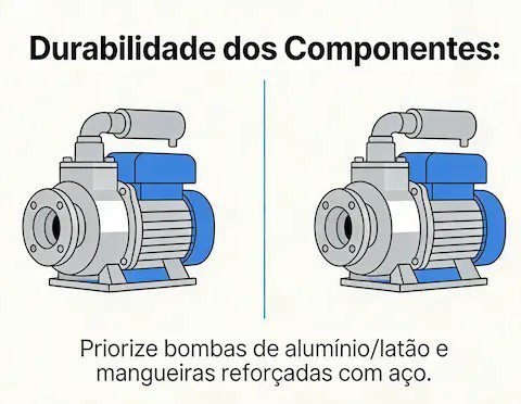 Ilustração técnica de componentes duráveis como cabeçote de latão e motor de indução.