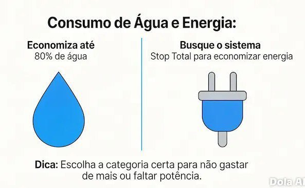 Infográfico sobre economia de água e energia em equipamentos de limpeza pressurizada.
